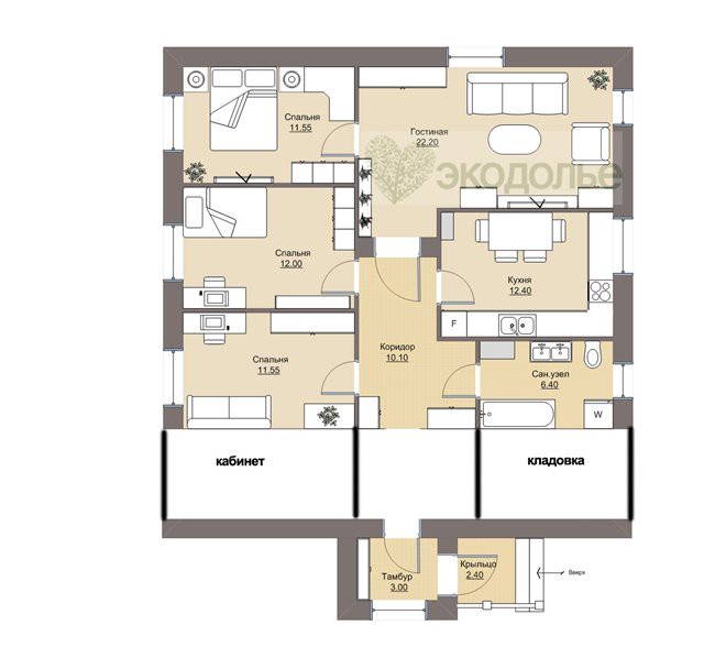 Планировка одноэтажного дома с 3 спальнями и 2 санузлами